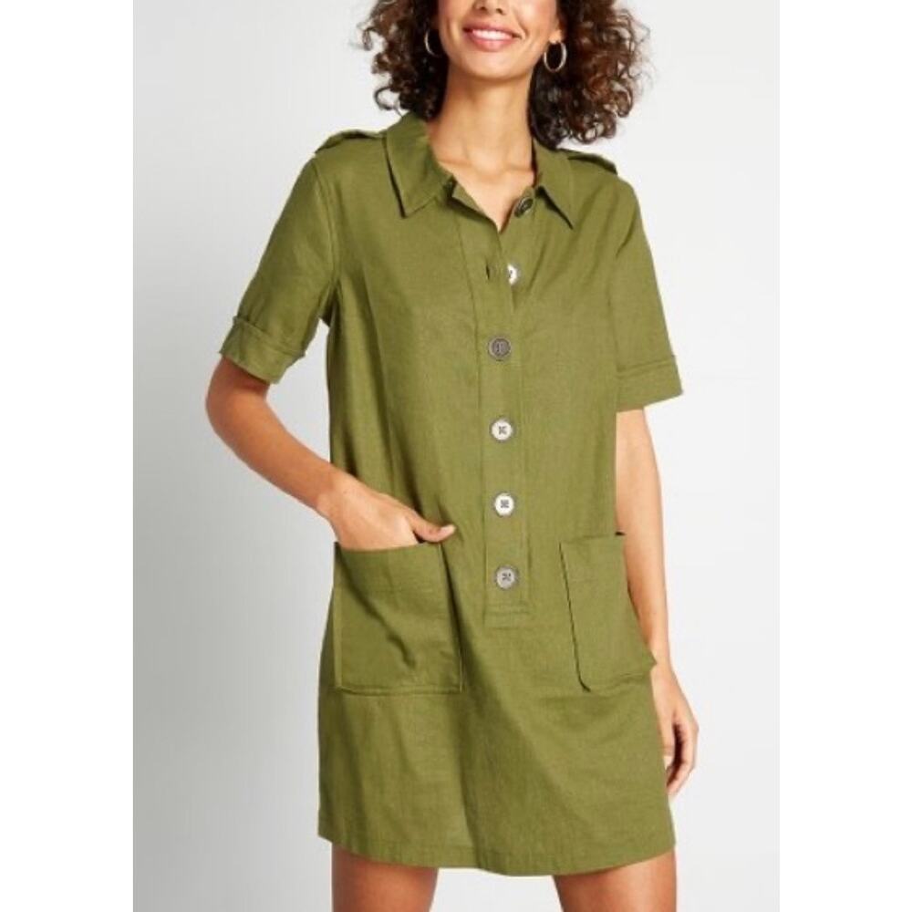 ModCloth Casual Aspects Linen Blend Shirt Dress Olive Green Utility Pockets XL